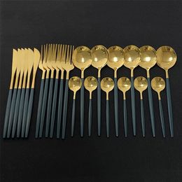 Dinnerware Sets 24 piece Colour stainless steel kitchen mirror gold knife fork spoon 230331