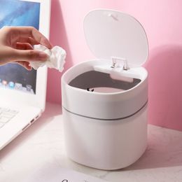 Waste Bins Desktop Trash Can Mini Pushtype Spring Cover Sanitary Bucket Melon Seed Shell Garbage Sundry Car Wastebasket 230331