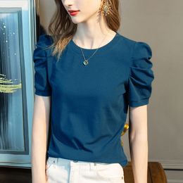 Women's T-Shirt White Short Sleeve Women's T-Shirt Summer French Puff Sleeve Elastic Cotton Solid Basic Y2K Top 230331
