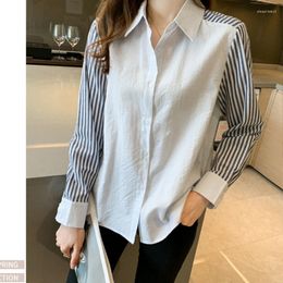 Women's Blouses Korean Straight Loose Shirts Women Spring Striped Splice Colour Chiffon Cardigan Fashion Long Sleeve Casual Tops 2023