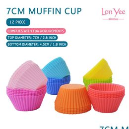 Baking Moulds 12Pcs/Set Sile Cake Mould Round Shaped Muffin Cupcake Moulds Kitchen Cooking Bakeware Maker Diy Decorating Tools Yl0161 Dhh3R