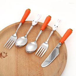 Dinnerware Sets Cute Cartoon Carrot Knife Spoon Fork Stainless Steel Ceramic Children Tableware Eco-friendly Kids Learning