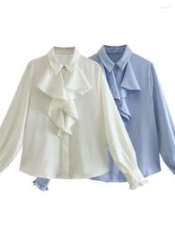 Women's Blouses HSA Women Formal Turn Down Collar Cotton Blue Whiter Office Lady Ruffles White Blouse Casual Lace Long Sleeve Short Tops