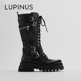 Boots Lupinus Design Women Long Multi-Buckle Black Flat Platform Chunky Heel Leather