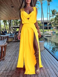 Two Piece Dress Sexy Set Summer Beach Style Printed Hollow Out Party Outfit Deep VNeck Bra Split 2PCS Suits Drop 230331