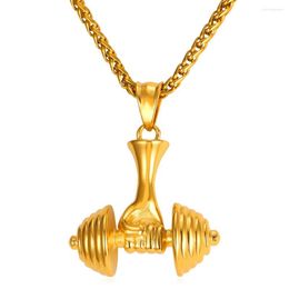 Pendant Necklaces Collare Dumbbells Sport Fitness Jewelry Gold/Black Color Athlete Pendants Stainless Steel Gym Barbell Necklace Men P244