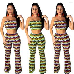 Women's Two Piece Pants European And American Sexy Summer Two-piece Fashion Wave Stripe Tube Top Flared Casual Sports Suit