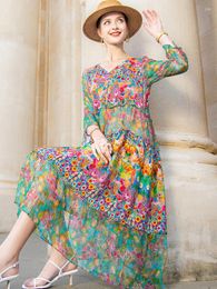 Casual Dresses High Quality Summer 2023 Beach Boho Vintage Print Silk V Neck Dress Elegant Party Robe Designer Vestidos Loose Midi