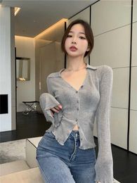 Women's Knits Vintage Turn-down Collar Long Sleeve Cropped Cardigans Women Irregular Design Crop Top Slim Ladies Fall Outside Wear Grey Tops