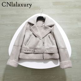 Women's Trench Coats CNlalaxury Autumn Winter Black Suede like Suede Short Belt Jacket Patchwork Lambswool Lapel Jackets Zip Locomotive 230331