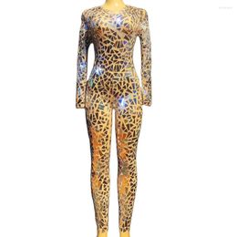 Stage Wear Full Mirror Sequins Mesh Gauze Jumpsuit Shiny Costume Women Long Sleeve Backless Theatrical Nightclub Dance Show