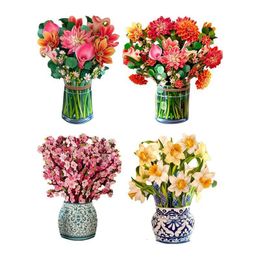 Faux Floral Greenery Excellent Paper Flower Pop Up Cards Vivid Greeting Bouquet 3D Popup Blessing For Mother s Day Gifts 230331