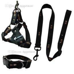 Designer Dog Collars Leash set No-Pull Adjustable Nylon Webbing Pet Harness with Gold Stamp Lettering Pattern for Small Medium Large Dogs Easy Walking Black XL B172