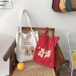 Shopping Bags Woman's Corduroy Shoulder Bag Lovely Plush Bear Embroidery Large Capacity Handbag Magnetic Buckle Canvas