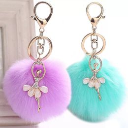 Elegant Crystal Ballet Dancer Keychain with Plush Ball Soft Pom Pom Keyring for Women Girls Wallet Bag Pendent Decorate Gifts