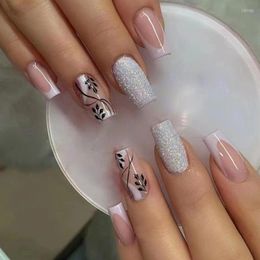 False Nails Silver Glitter Long Ballerina Fake With Black Leaf French Full Cover Nail Tips Press On DIY Manicure