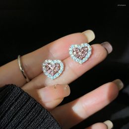 Stud Earrings 925 Silver Needle Pink Zircon Love Heart Women Personality Design Versatile Temperament Jewellery Eh834