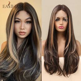 Synthetic Wigs Easihair Long Wavy Synthetic Brown Lace Front Wigs Blonde Highlight Frontal Natural Hair Wig for Women Heat Resistant 230227