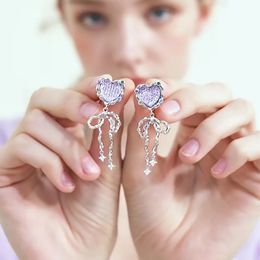2023 Dangle & Chandelier Fashion Purple Heart Bowknot Long Dangle Earrings For Women Girl Sweet Earrings Charm Drop Earring Boucle Fine Jewellery
