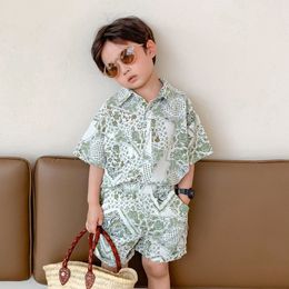 Clothing Sets 2 9T Summer Floral Beach Boy Print Clothes Set Toddler Kid Short Sleeve Shirt Top and S s set Fashion Playa Vacation Outfit 230331