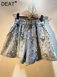 Women's Shorts Fashion Women's Beading Pearls Pockets Washed Demin Hight Waist Thin Wide Leg Blue Summer 2023 17A7335