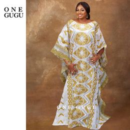 Ethnic Clothing Nigerian Original Bazin Dress Dashiki Gold Brocade Embroiderey Basin White Robe Wedding Party Lady Gown Dresses 230331