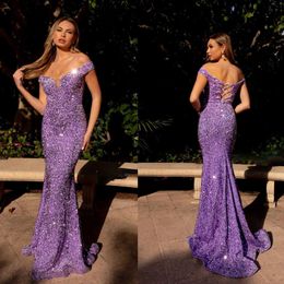 Purple Mermaid Prom Dresses Sexy Off Shoulder Sparkly Sequined Lace Up Back Evening Dress Formal Wear Party Gowns