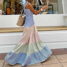Casual Dresses Summer Sleeveless Pleated Beach Long Dress Women Elegant Stripe Printed Party Sexy Off Shoulder Bow Sling Lady Maxi