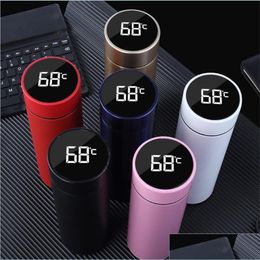 Water Bottles Led Temperature Display Vacuum Cup 500Ml Flasks Stainless Steel Insation Mugs Christmas Halloween Gift Drop Delivery H Dhsau