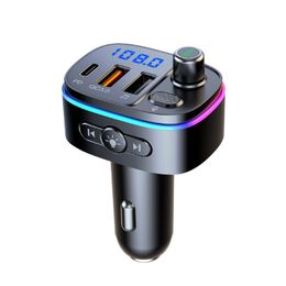 New T65 Car FM Transmitter Meanwell Power Supply Bluetooth-compatible 5.0 Handsfree Mp3 Player PD Type C QC3.0 USB Fast Charge Colourful Light Accessories