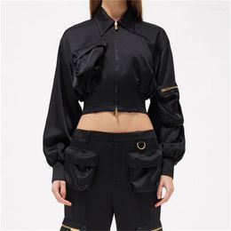 Women's Jackets Spring 2023 Women's Bomber Jacket Korea Fashion Multi Pocket Decorative Crew Neck Coat High Quality Long Sleeve Top