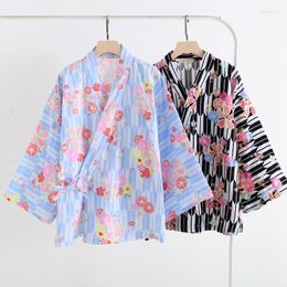 Women's Sleepwear Japanese Style Harajuku Haori Kimono Woman Cotton Gauze Kawaii Print Cardigan V Neck Batwing Sleeves Home Cover-ups