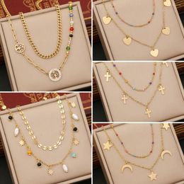 Pendant Necklaces 316L Stainless Steel Multilayer Chain Colourful Beads Cross Charm Necklace For Women Star Moon Choker Jewellery Girl Party