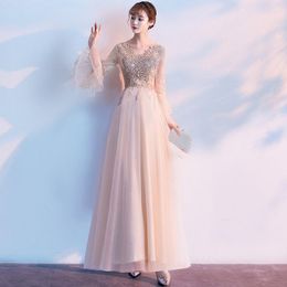Ethnic Clothing Elegant Evening Dresses Female 2023 French Banquet Temperament Lace Long-sleeved Golden Long Dress