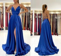 Blue Sexy Royal Split Prom Vestres de uma linha de espaguete de espaguete de backless graduação de longa graduação Festa de noite vestidos de damas de honra de tamanho BC9431