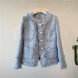 Women's Jackets Spring Short Coat Women's Autumn Classic Round Collar Tweed French Tassel Versatile Slim Clothes Blue