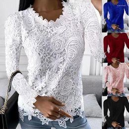 Women's Blouses 2023 Autumn And Winter Women's Casual Elegant Stitching Lace Long Sleeve Tops Round Neck Solid Colour Daily Fashion Tee