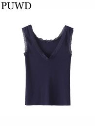 Women's Tanks Camis PUWD Women Causal Navy V Neck Lace Slim Summer Fashion Ladies Sweet Female Knitted Soft Cotton Solid Colour Top 230331