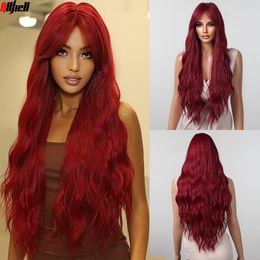 Wine Red Long Curly Cosplay Synthetic Wigs for Women Water Wavy Halloween Wig with Bang Natural Hair Party Heat Resistant Fiberf