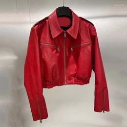 Women's Leather Women Coat Spring Ultra-Short Design Vintage Aipper Import Real Sheepskin Jacket Red And Black 2023 Fashion Clothes