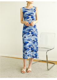 Casual Dresses SELLING Miyake Fashion Pleated Chinese Style Blue And White Porcelain Print O-neck Sleeveless Dress IN STOCK