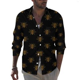 Men's Casual Shirts Gold Metallic Bees Men Animal Honeybee Print Shirt Long Sleeve Cool Harajuku Blouses Autumn Pattern Top Plus Size