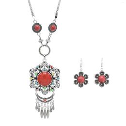 Necklace Earrings Set Antique Gypsy Bohemian Acrylic Gem For Women Boho Metal Flower Pendant Necklaces National Collar Jewelry