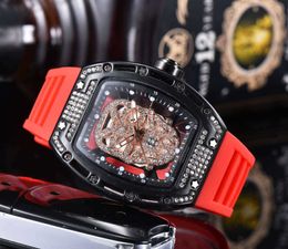 Luxury Brand Male Designer Diamond Surface Quartz Watch Hollow Glass Back Skull Stainless Steel Case Rubber Watch