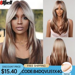 Long Straight Blonde Layered Synthetic Wigs Brown Balayage Ombre Wigs With Bang for Black Women Cosplay Costume Heat Resistantfa