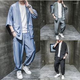 Ethnic Clothing Japanese Style Kimono Haori Set For Man Casual Solid Hip Hop Streetwear 2PCS Samurai Summer Sunscreen Coat Wide Leg Trousers