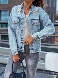 Women's Jackets Retro Spliced Rhinestone Denim Coat Ladies Long Sleeve Single Breasted Washed Jacket Women Fashion Casual Light Blue Cowboy