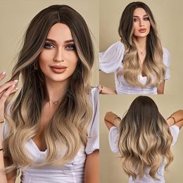 Long Wavy Womens Wigs Omber Brown Blonde Wig Natural Daily Synthetic Wigs Heat Resistant Fiber Hairfactory direct