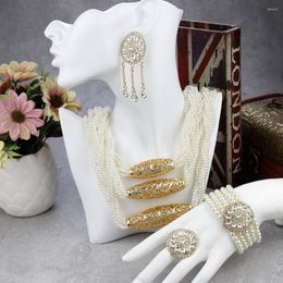 Necklace Earrings Set Sunspicems Gold Colour Morocco Pearl Multilayer Beads Earring Ring Bracelet Algeria Bride Wedding Jewels