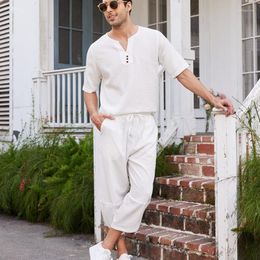 Men's Tracksuits 2Pcs/Set Summer Men's Suit Elastic Waistband Casual Outfit Men Breathable Cotton Linen Short Sleeve Shirts Set Andhome